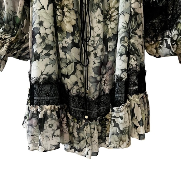 NICHOLAS Silk Evergreen Floral Dress Off the Shoulder Bell Sleeves Whimsigoth - Picture 6 of 16